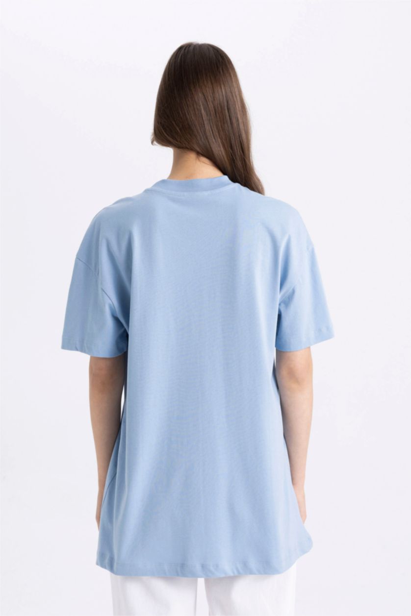 حريمي أزرق فاتح تونيك تيشيرت نص كم قصة عادية بياقة مستديرة