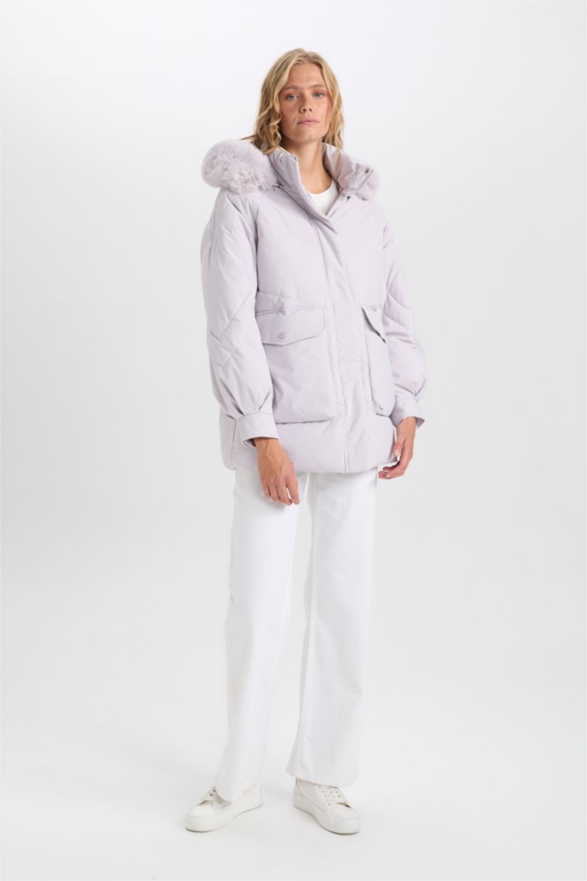 Kadın Lila Su Geçirmez Kapüşonlu Fermuarlı Cepli Şişme Mont