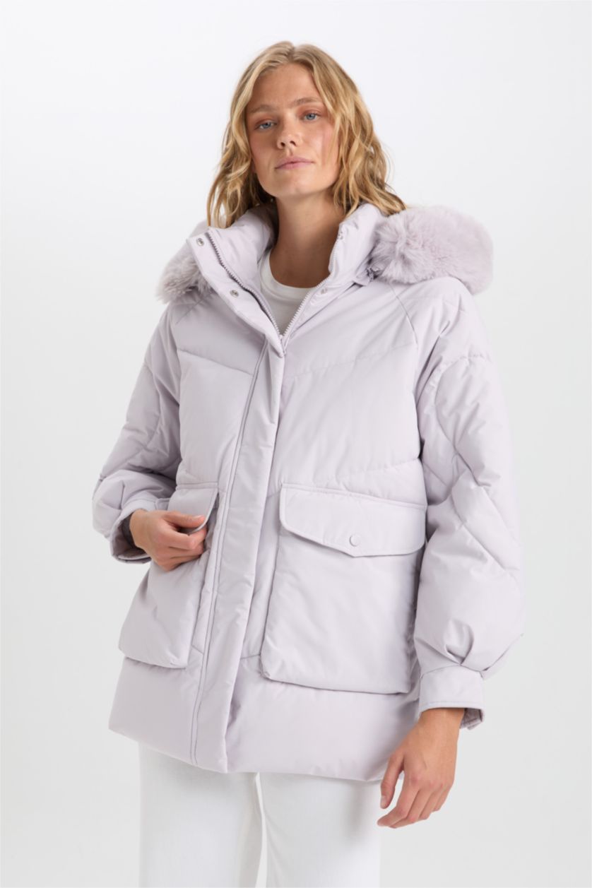 Kadın Lila Su Geçirmez Kapüşonlu Fermuarlı Cepli Şişme Mont