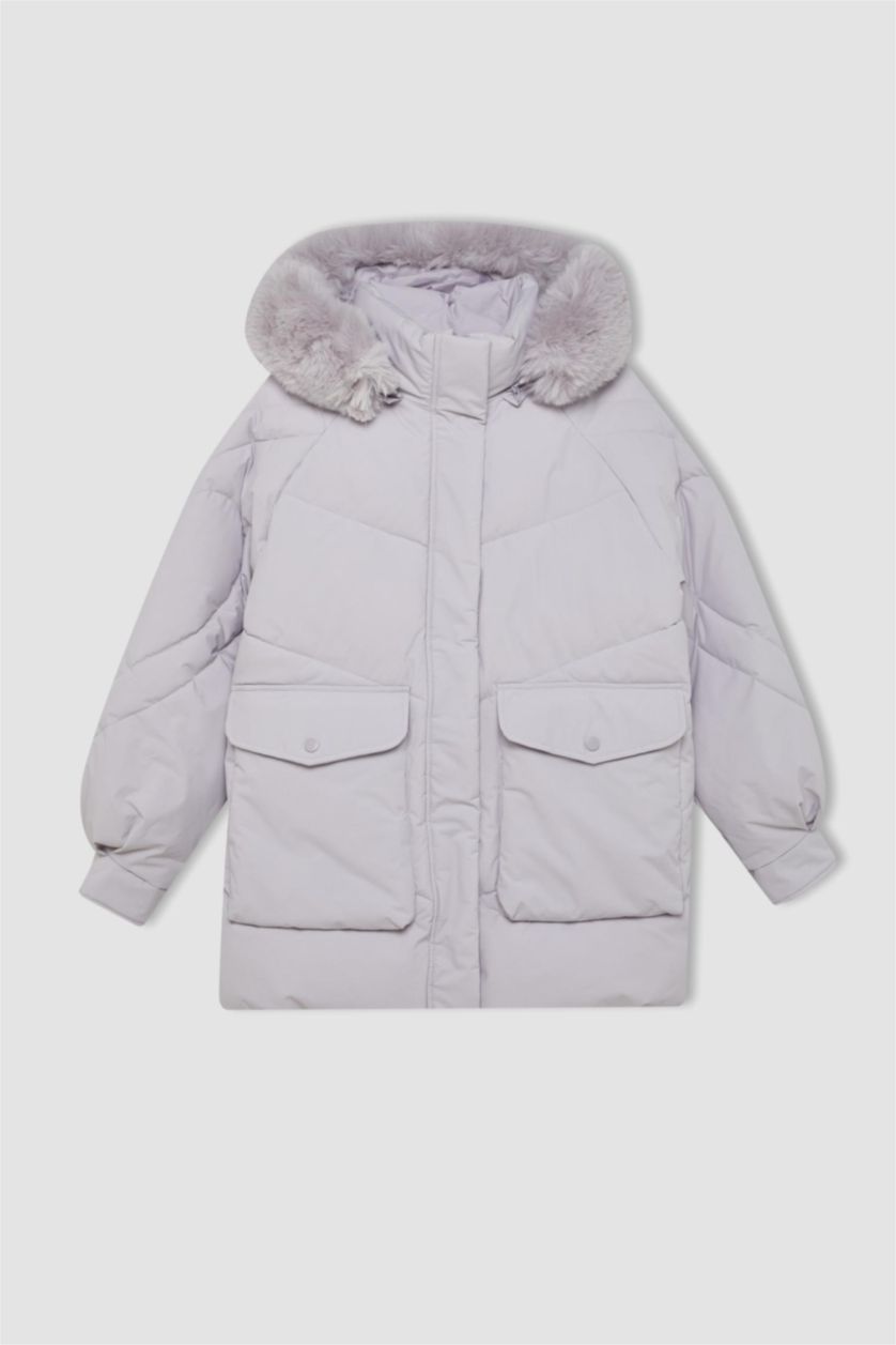 Kadın Lila Su Geçirmez Kapüşonlu Fermuarlı Cepli Şişme Mont