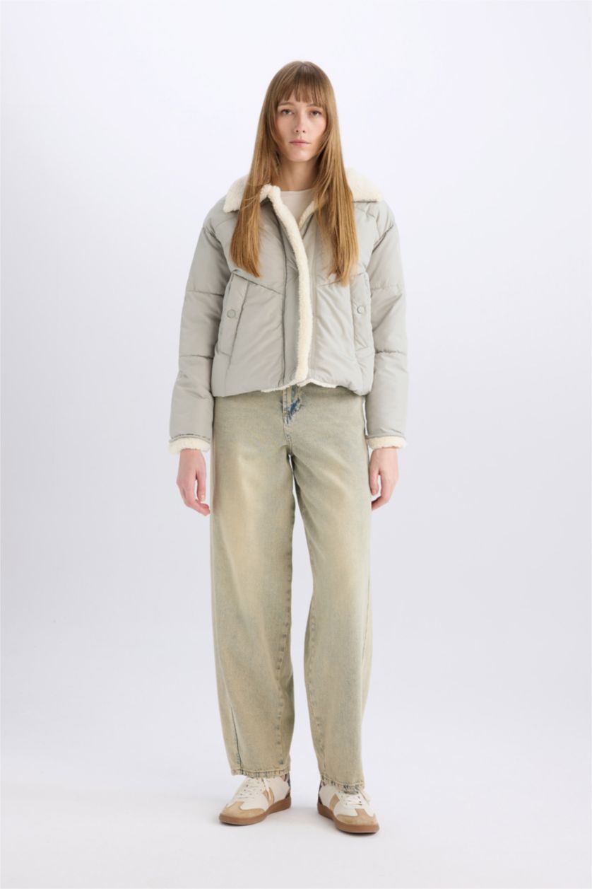 Kadın Mint Su İtici Şişme Mont Geniş Yakalı İçi Süni Kürklü Fermuarlı Cepli