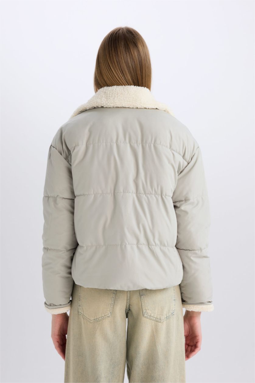 Kadın Mint Su İtici Şişme Mont Geniş Yakalı İçi Süni Kürklü Fermuarlı Cepli