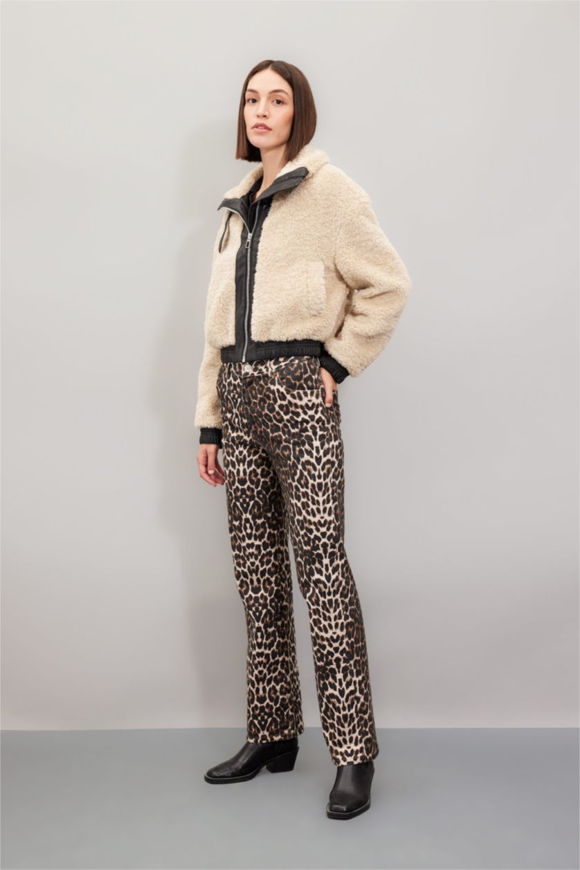 Kadın Bej Dik Yaka Suni Kürk Fermuarlı Mont Ceket