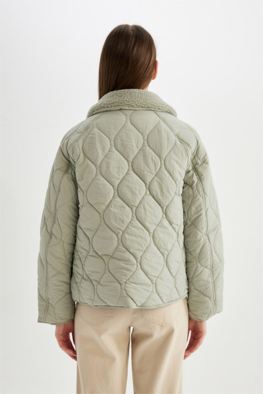 Kadın Haki Hafif Mevsimlik Mont Kapitoneli Çıtçıt Kapmalı Cepli Suni Kürklü Yaka