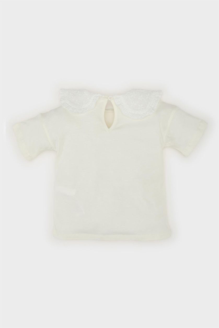 Kız Bebek Ekru Dantel Yaka Kısa Kollu Tişört Kız Bebek