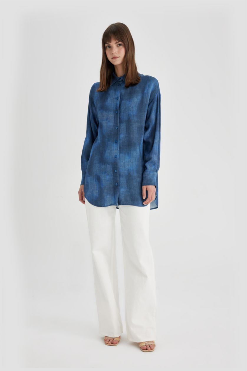 FEMME Marin Tunique Chemise Coupe Relax à Manches Longues à Motifs