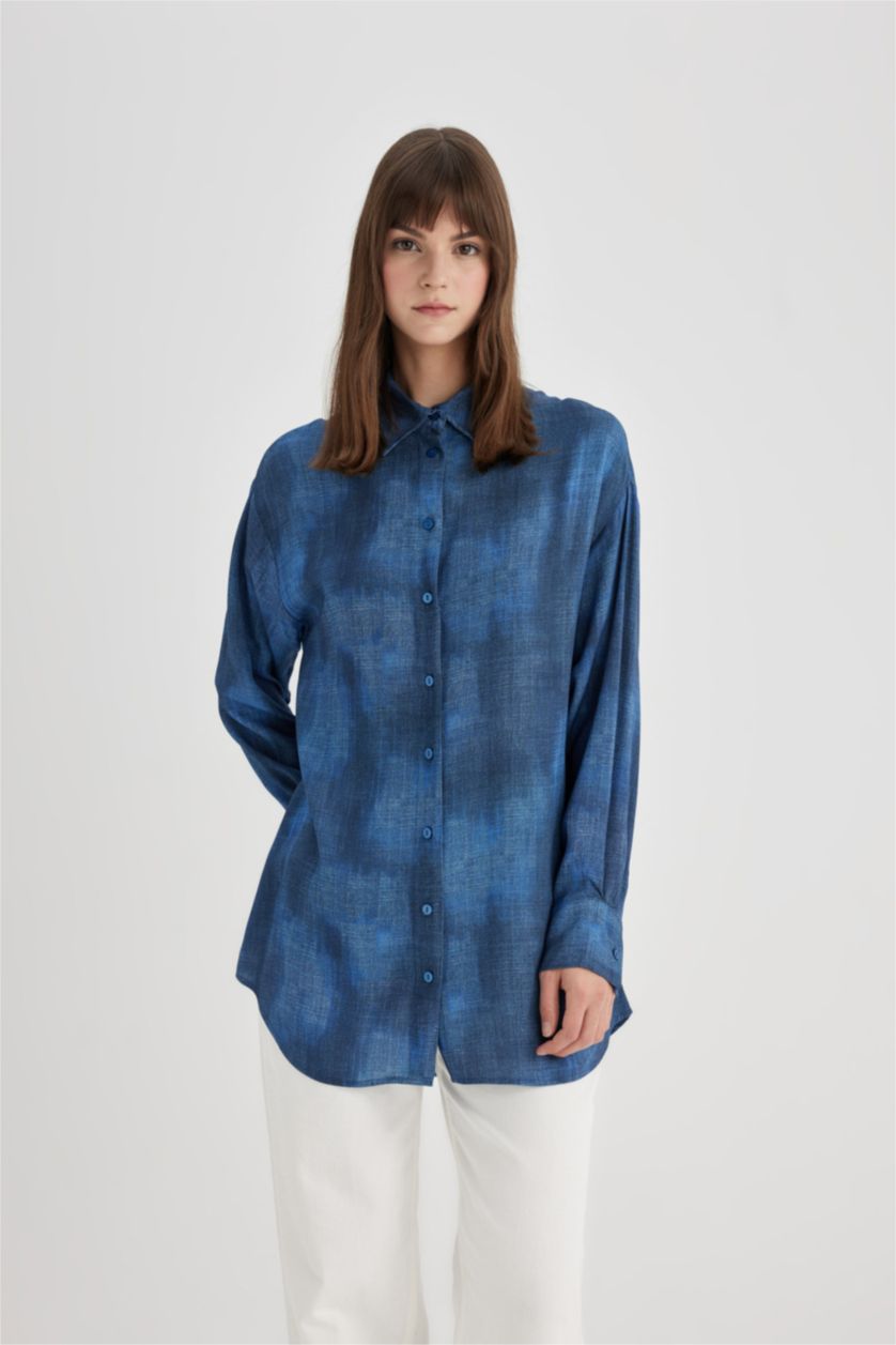 FEMME Marin Tunique Chemise Coupe Relax à Manches Longues à Motifs