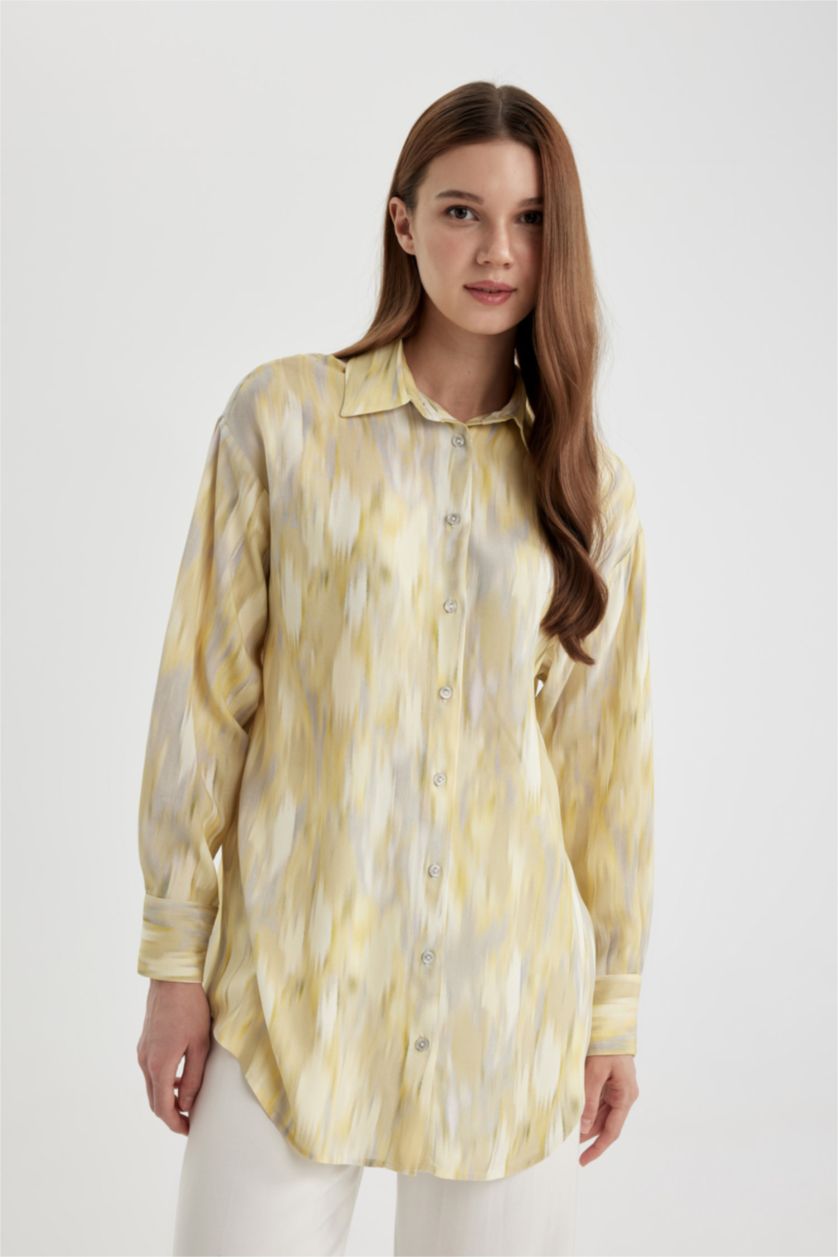 WOMAN Light Yellow Relax Fit Shirt Collar Printed Long Sleeve Tunic