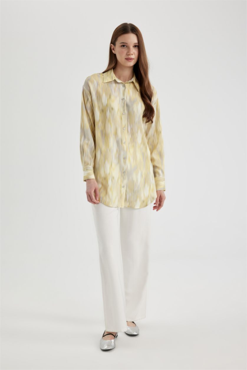 WOMAN Light Yellow Relax Fit Shirt Collar Printed Long Sleeve Tunic