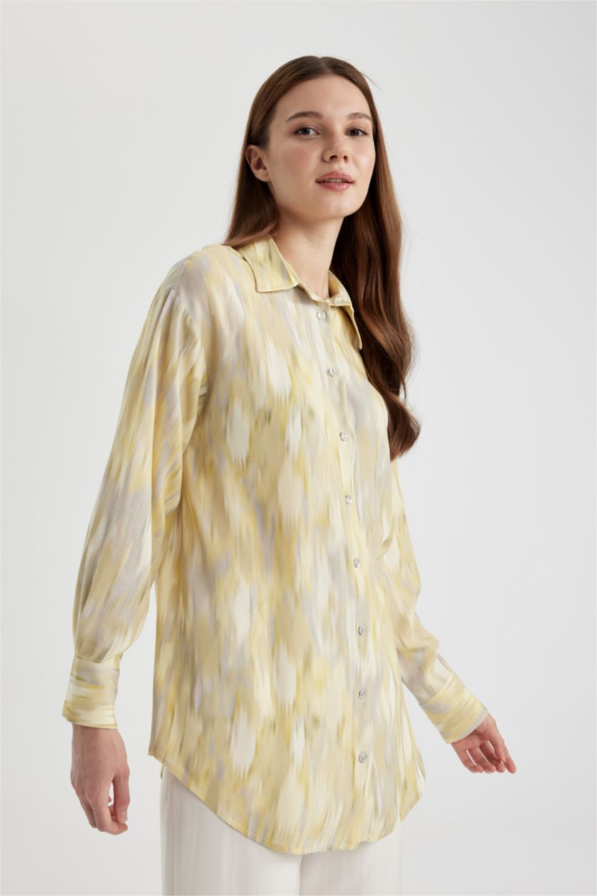 WOMAN Light Yellow Relax Fit Shirt Collar Printed Long Sleeve Tunic