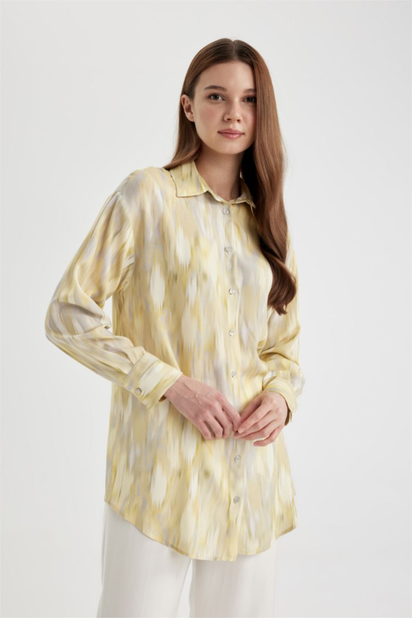 WOMAN Light Yellow Relax Fit Shirt Collar Printed Long Sleeve Tunic