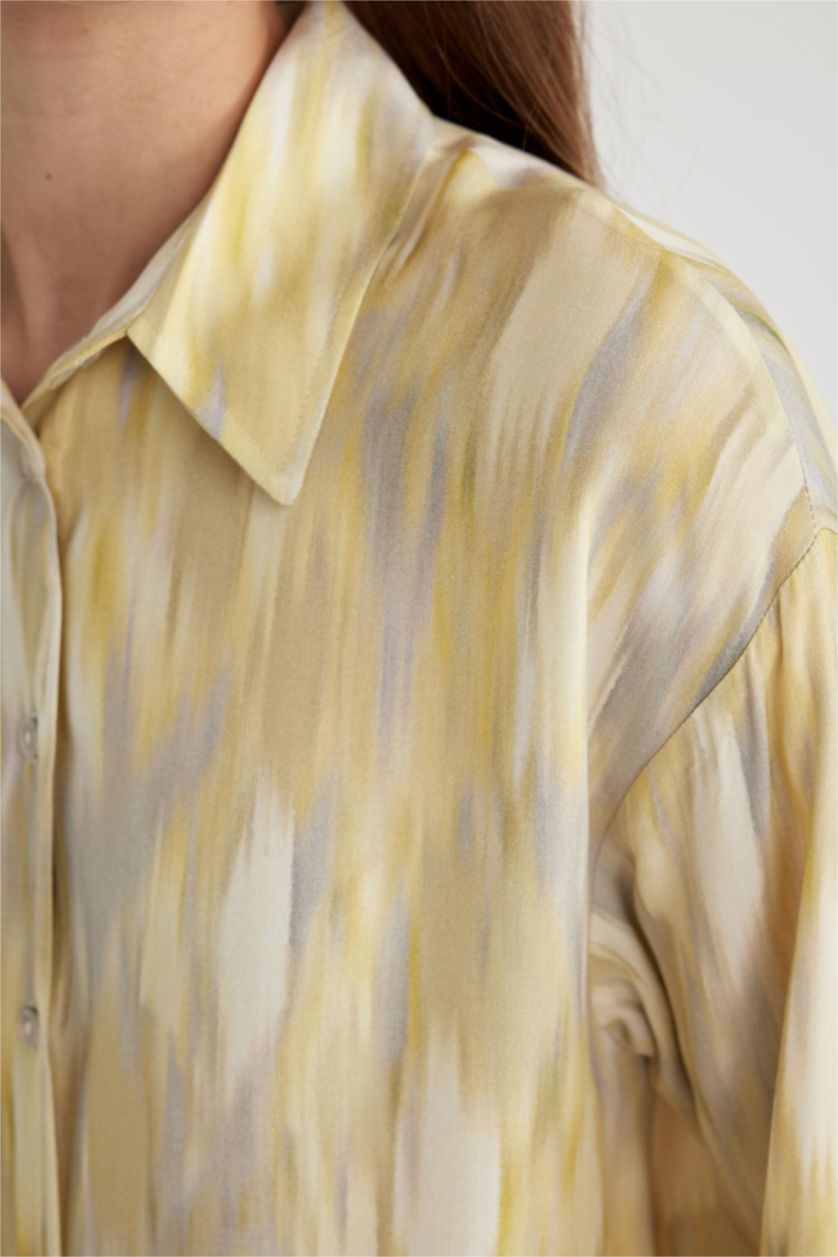 WOMAN Light Yellow Relax Fit Shirt Collar Printed Long Sleeve Tunic