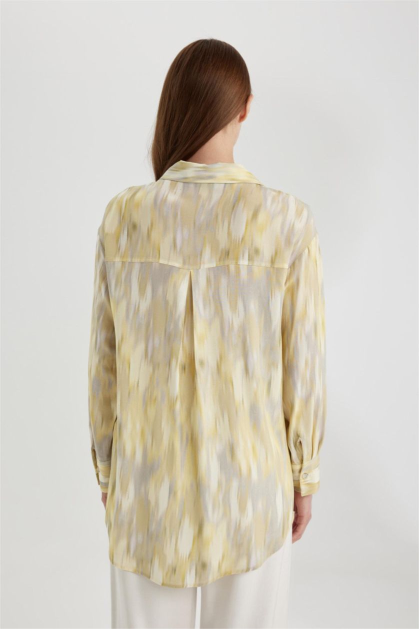 WOMAN Light Yellow Relax Fit Shirt Collar Printed Long Sleeve Tunic