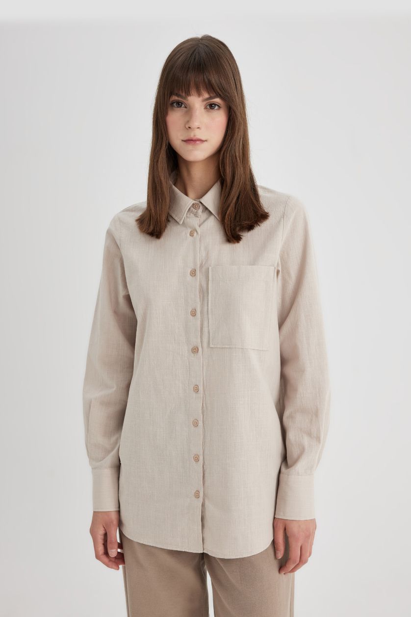 WOMAN Sand Regular Fit Flamed Cotton Long Sleeve Shirt Tunic