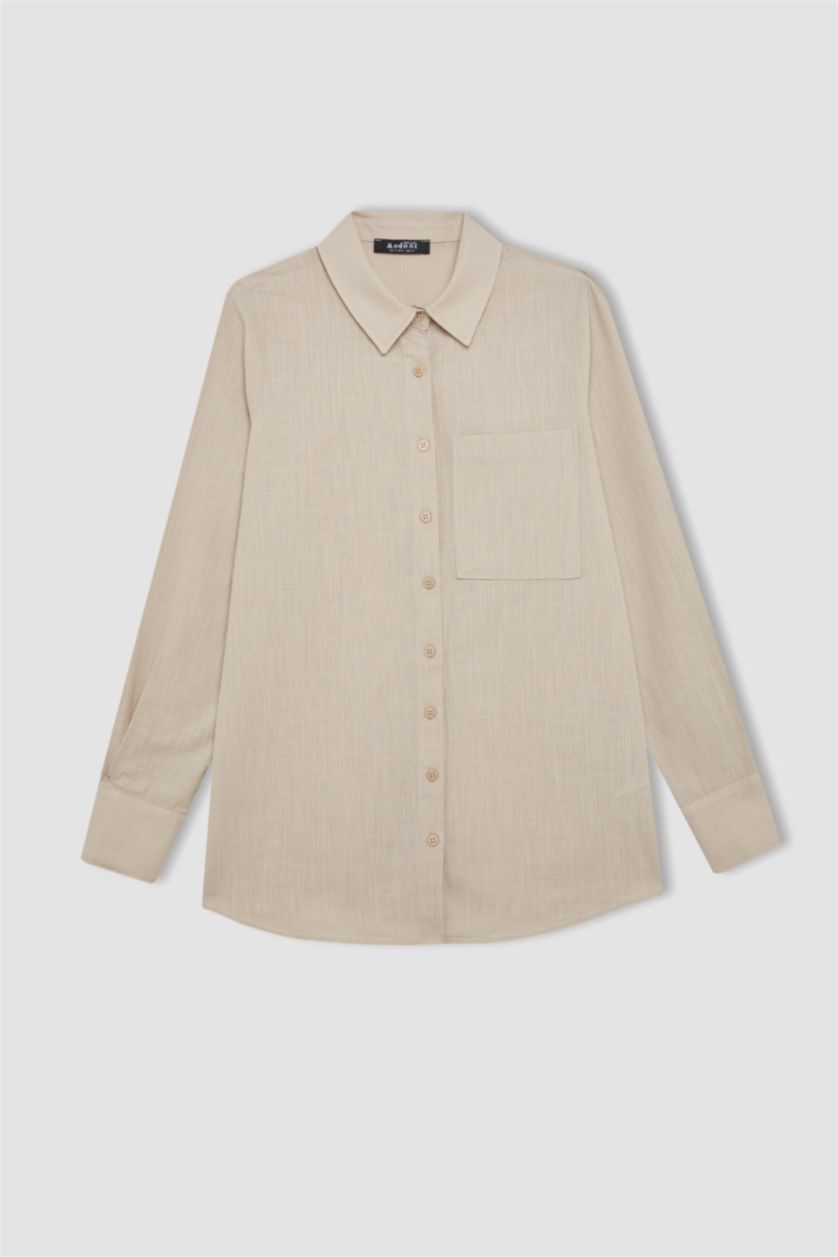 WOMAN Sand Regular Fit Flamed Cotton Long Sleeve Shirt Tunic