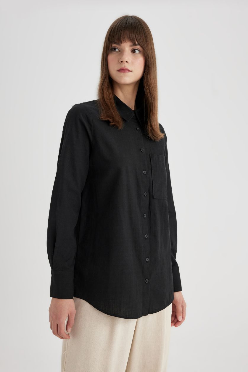 FEMME Noir Tunique Chemise Coton Flammé coupe régulière à Manches Longues