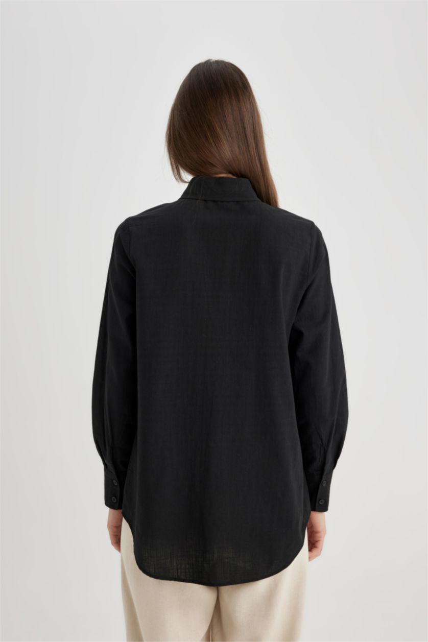 FEMME Noir Tunique Chemise Coton Flammé coupe régulière à Manches Longues