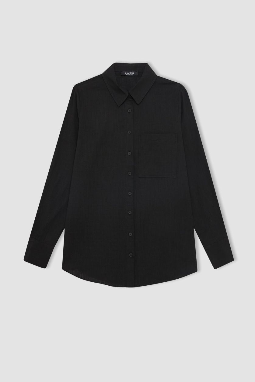 FEMME Noir Tunique Chemise Coton Flammé coupe régulière à Manches Longues