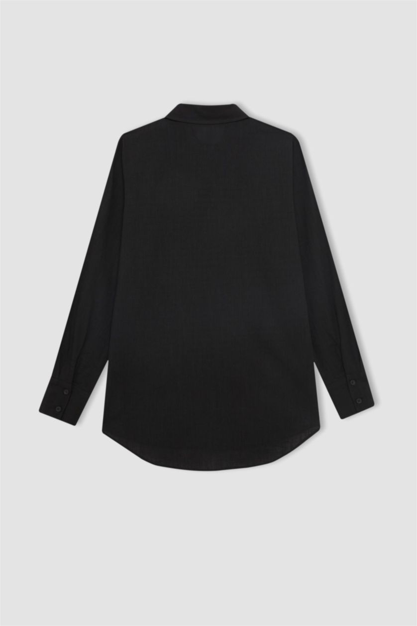 FEMME Noir Tunique Chemise Coton Flammé coupe régulière à Manches Longues