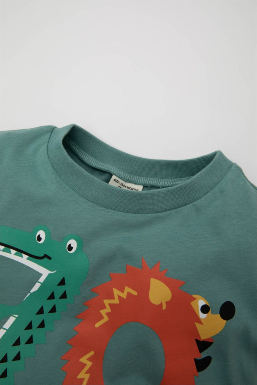 Erkek Bebek Yeşil Erkek Bebek Bisiklet Yaka Baskılı Kısa Kollu Tişört