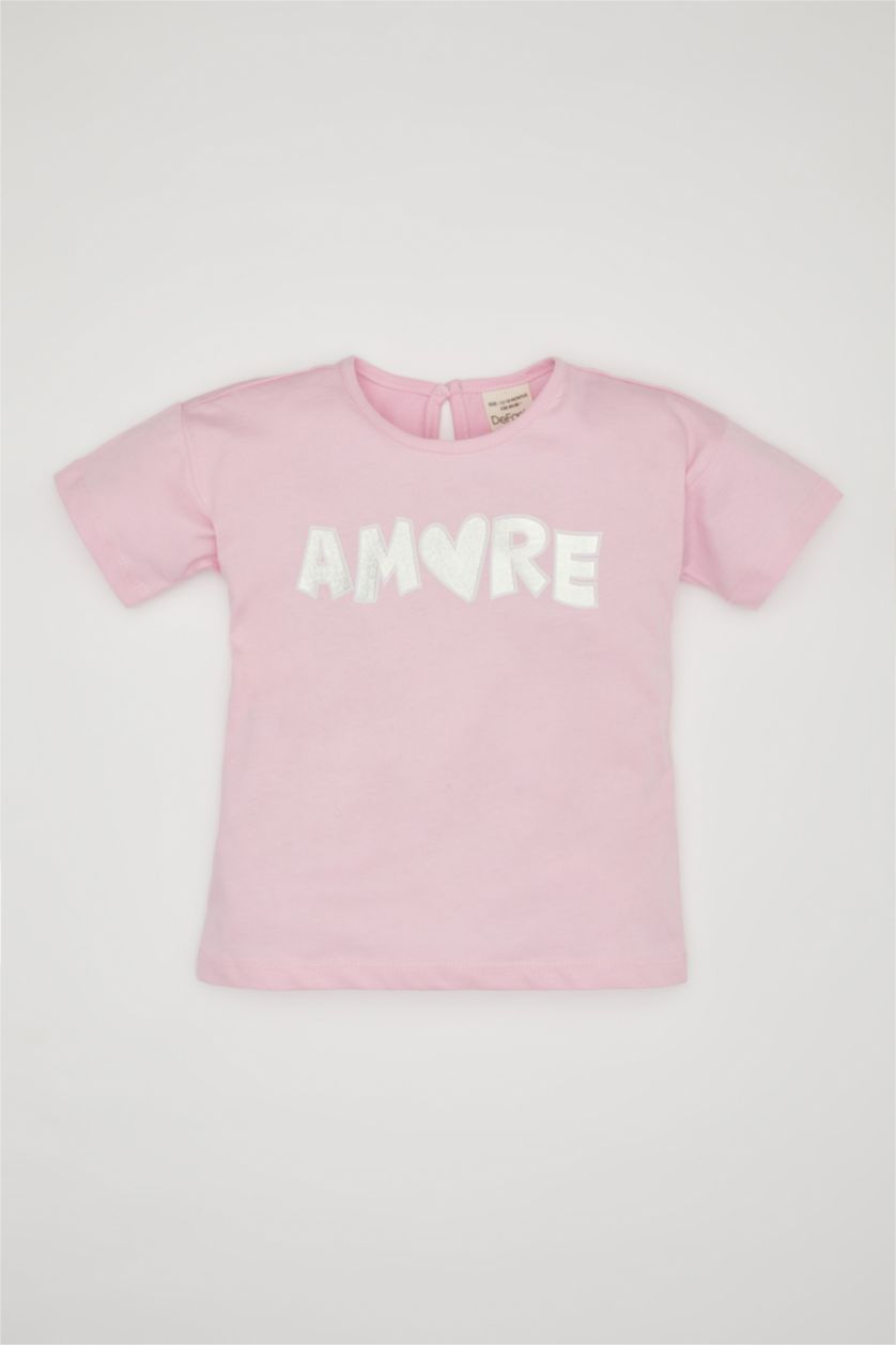 طفلة صغيرة زهري تيشيرت نص ردن بناتي بطبعة شعار وقصة عادية