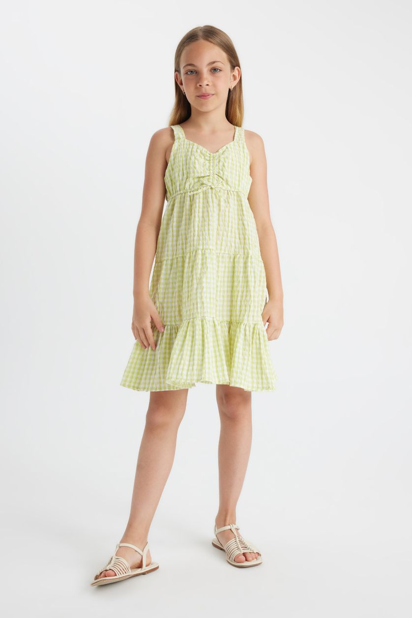 بنات أخضر فاتح فستان كاروهات بناتي بحمالات