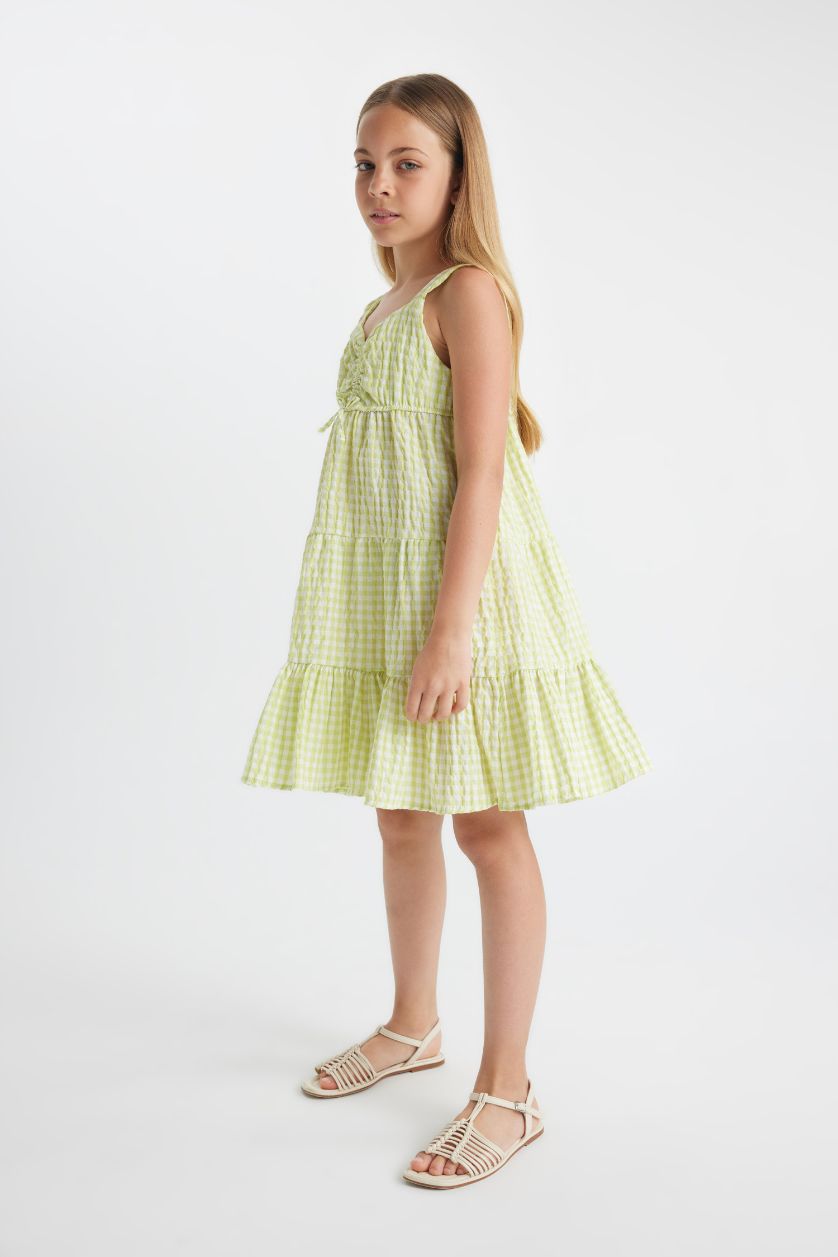 بنات أخضر فاتح فستان كاروهات بناتي بحمالات