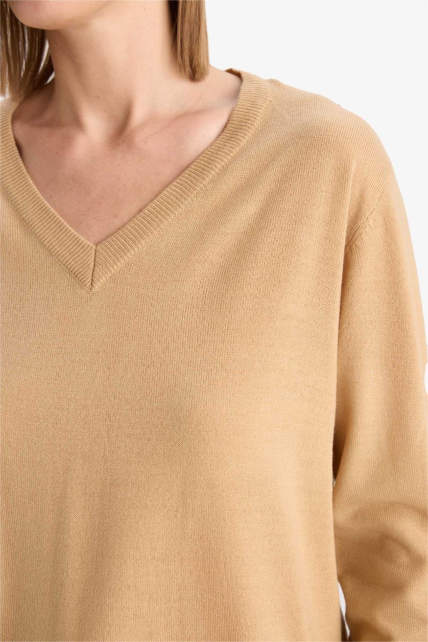 WOMAN Beige Relax Fit Soft Texture V Neck Basic Knitted Pullover