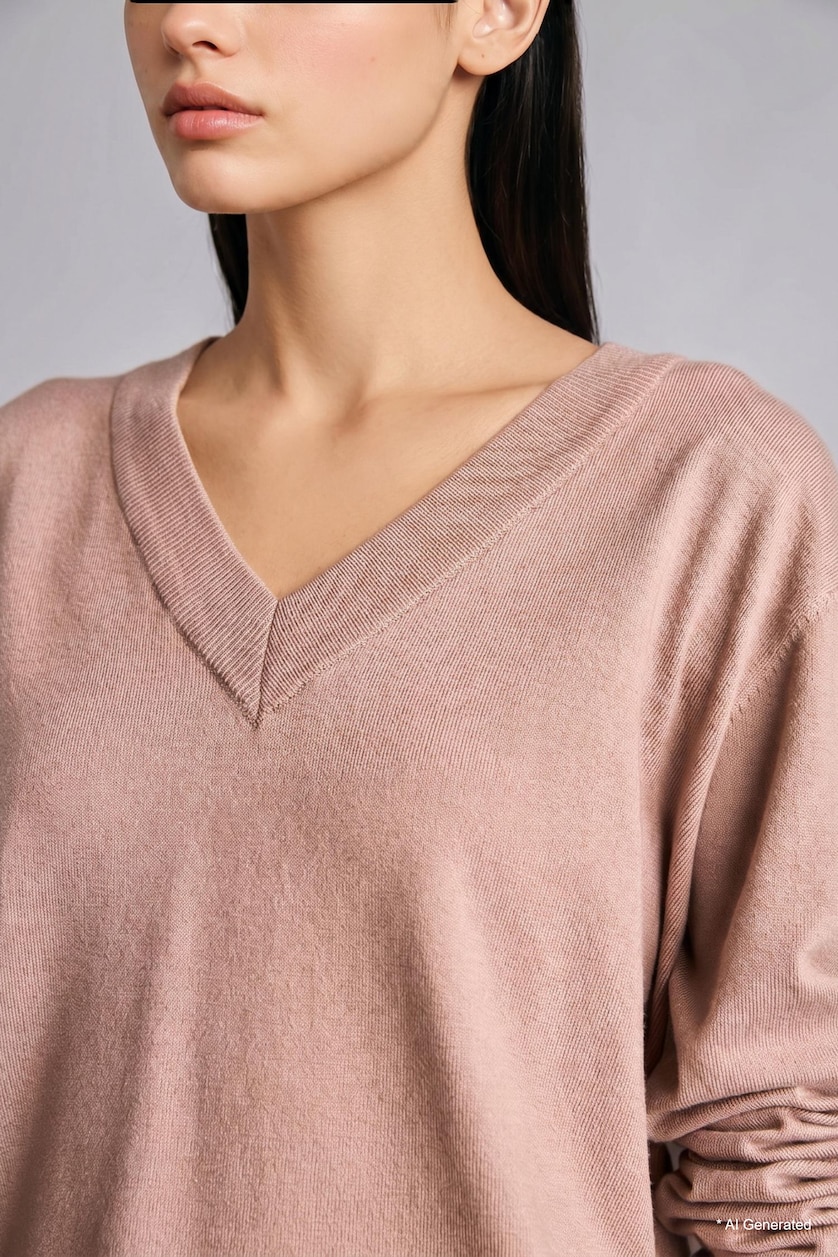 Women Beige Relax Fit V-Neck Beige Pullover
