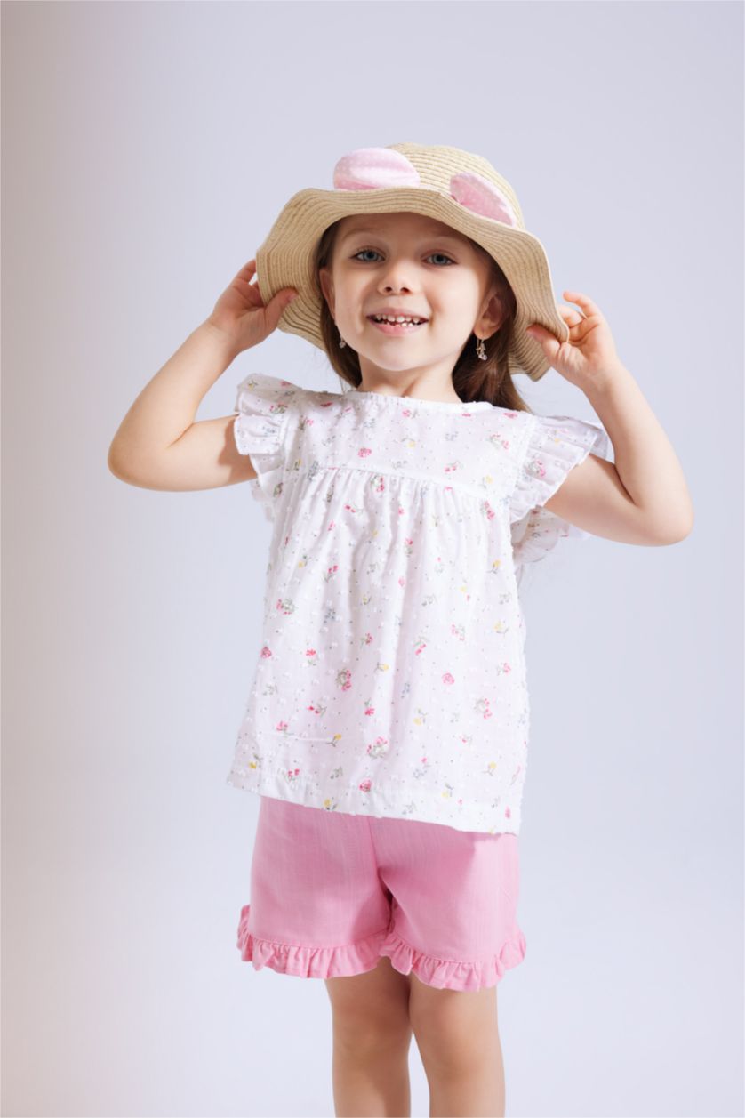 BÉBÉ FILLE Rose Blouse à Col rond imprimé Fleur à Manches Courtes pour BéBé Fille - 2 pièces