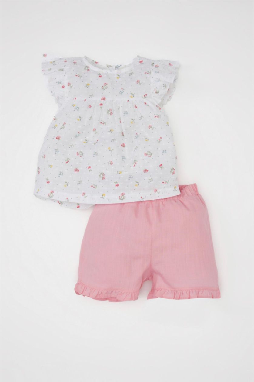 BÉBÉ FILLE Rose Blouse à Col rond imprimé Fleur à Manches Courtes pour BéBé Fille - 2 pièces