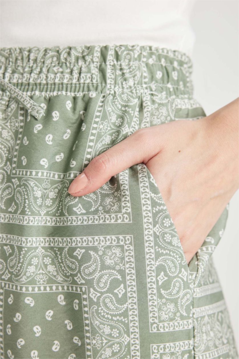 Kadın Haki Rahat Pantolon Wide Leg Geniş Bol Paça Desenli Yüksek Bel