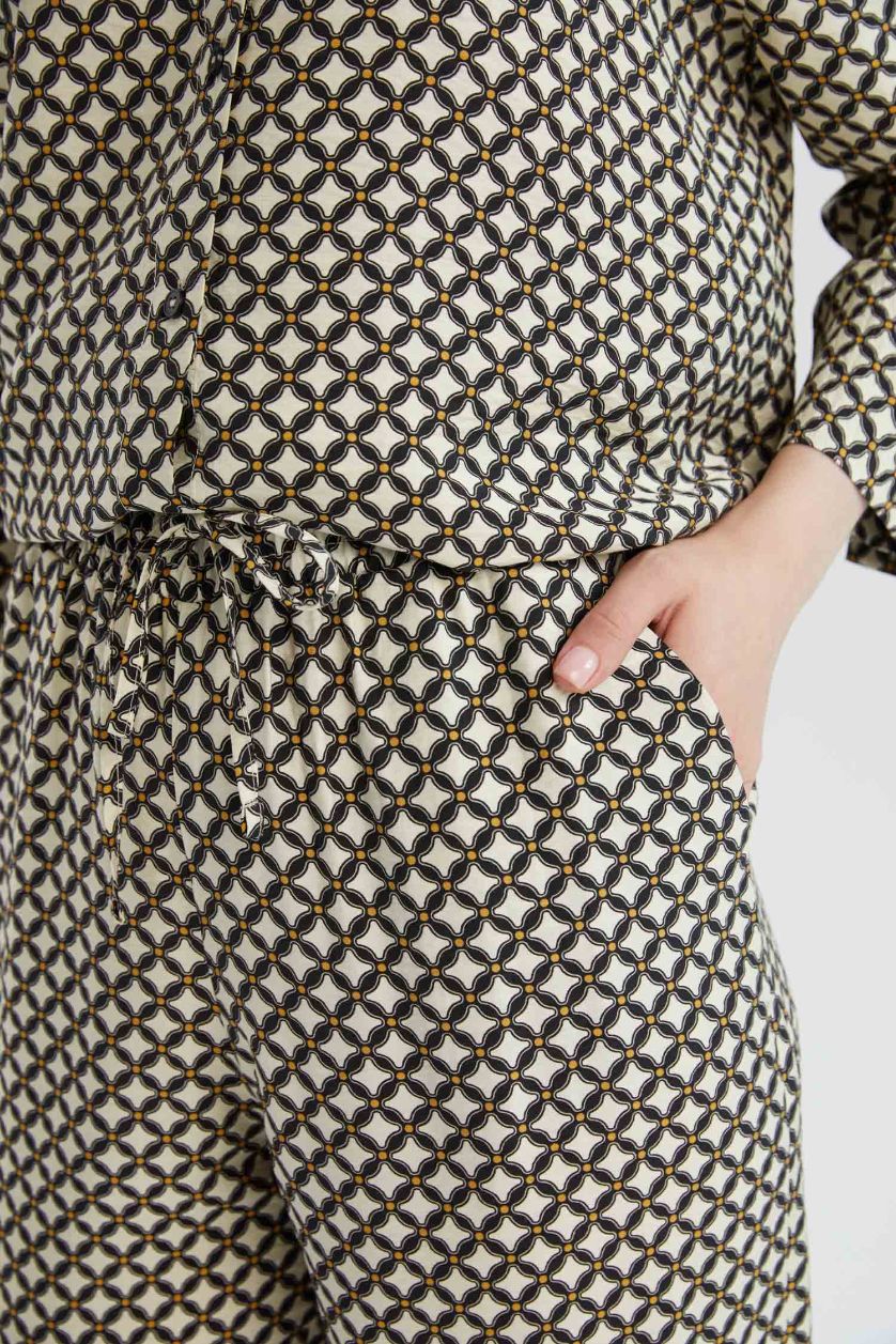 Kadın Siyah Wide Leg Geniş Bol Paça Desenli Yüksek Bel Rahat Palazzo Pantolon