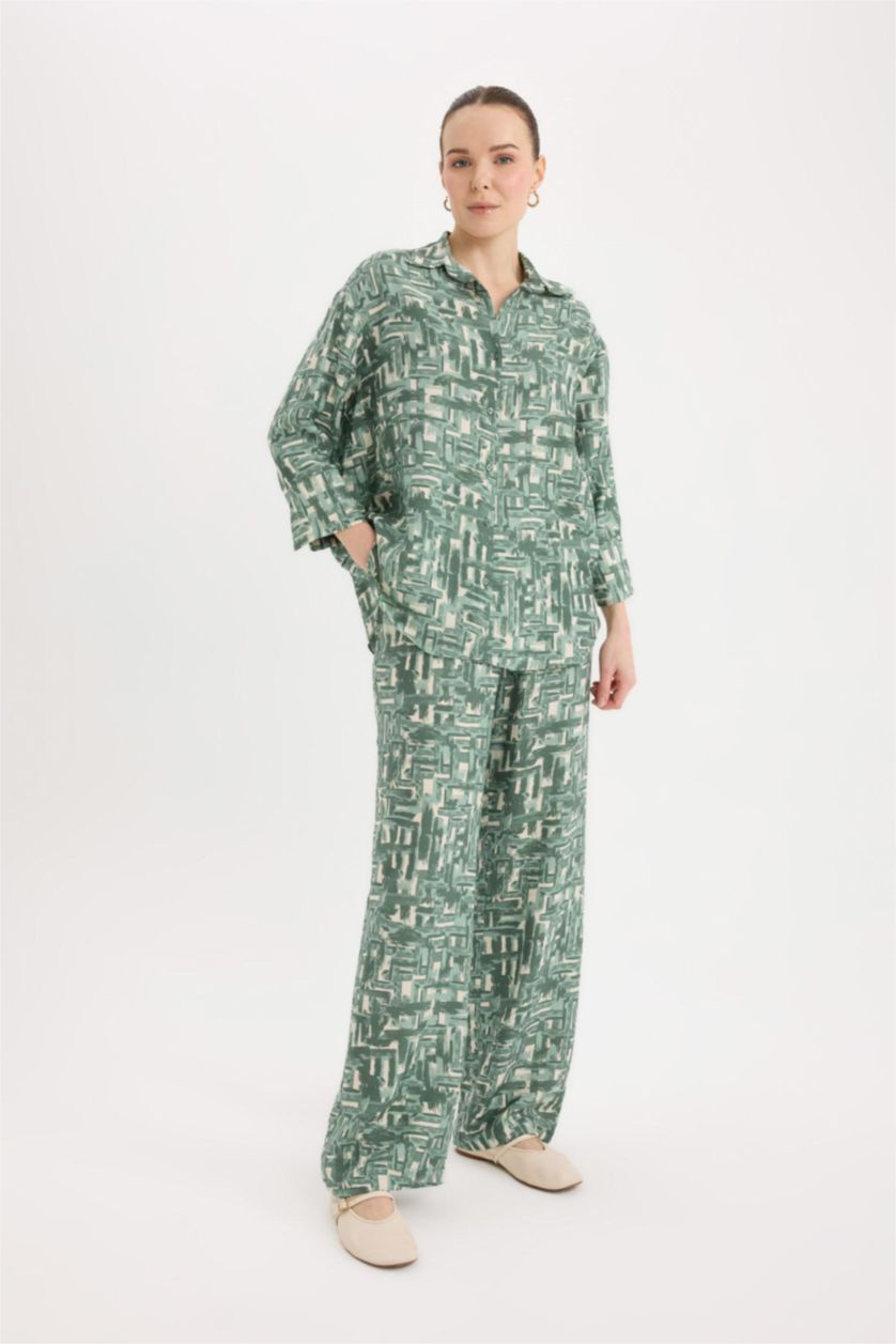 نساء أخضر فاتح بنطرون برجل واسع وايد ليج وخصر عالي