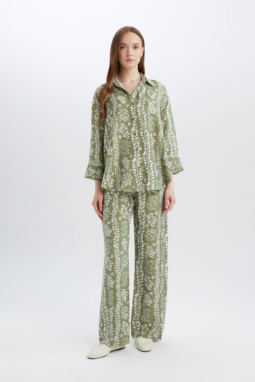 نساء أخضر بنطرون برجل واسع وايد ليج وخصر عالي