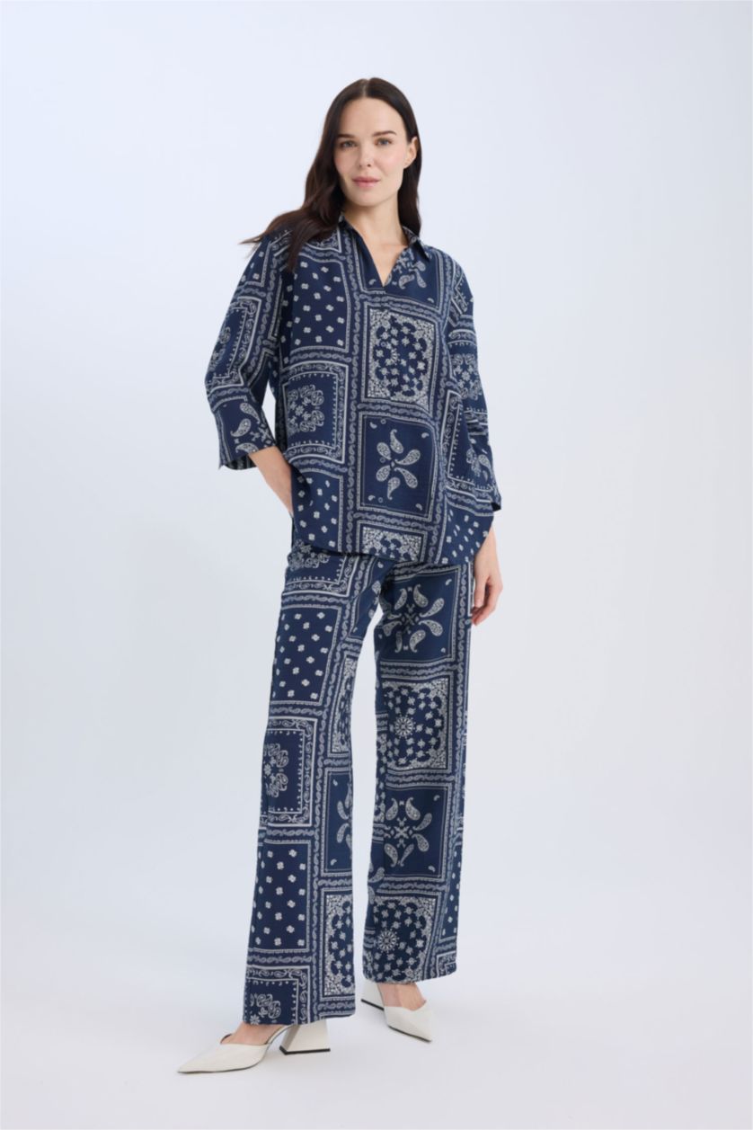 WOMAN NAVY Wide Leg Patterned High Waist Comfort Trousers