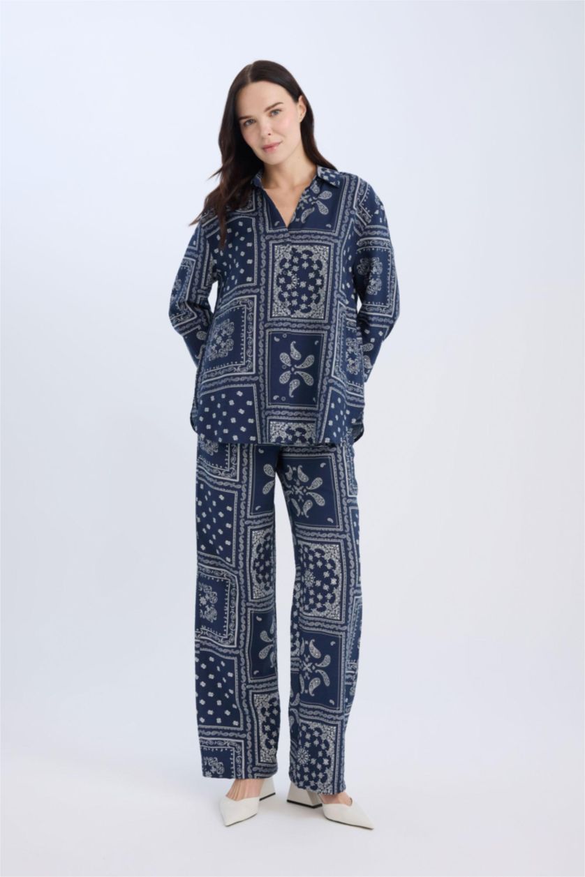 WOMAN NAVY Wide Leg Patterned High Waist Comfort Trousers