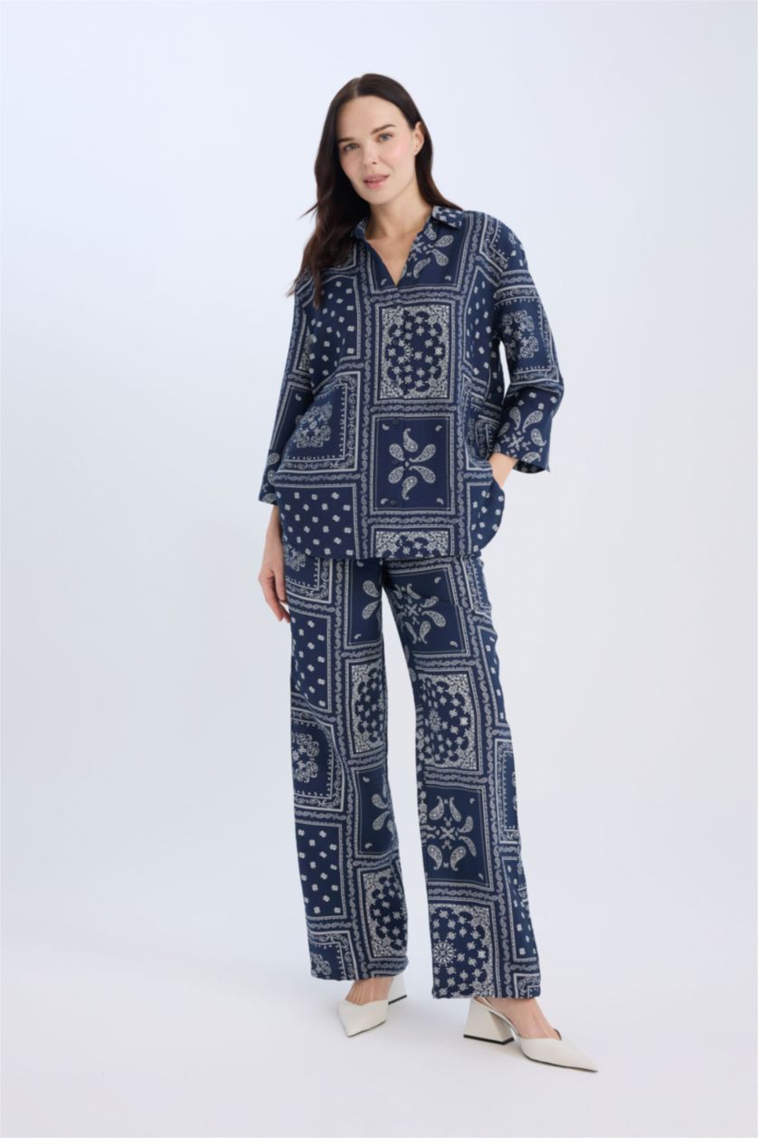 WOMAN NAVY Wide Leg Patterned High Waist Comfort Trousers
