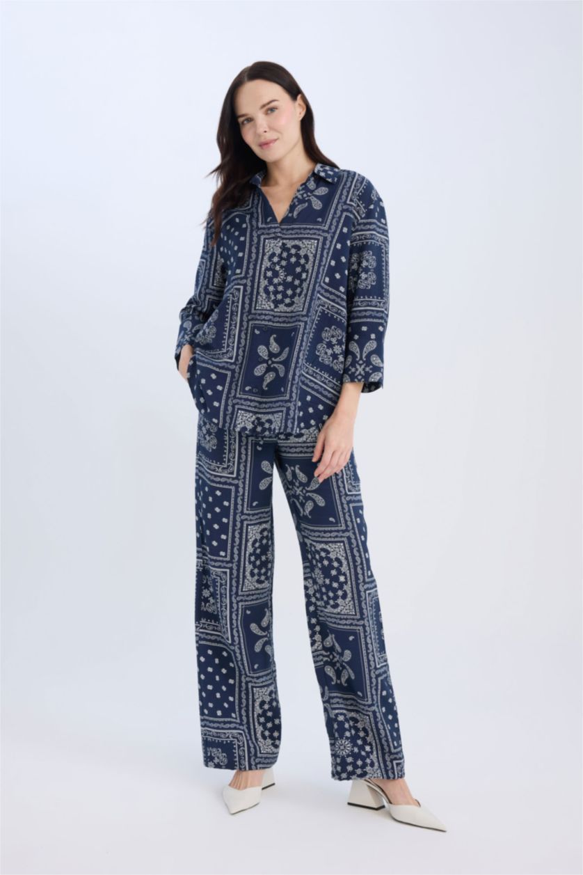 WOMAN NAVY Wide Leg Patterned High Waist Comfort Trousers