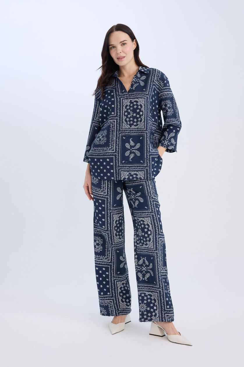 FEMME Marin Pantalon taille haute large imprimé à coupe confortable