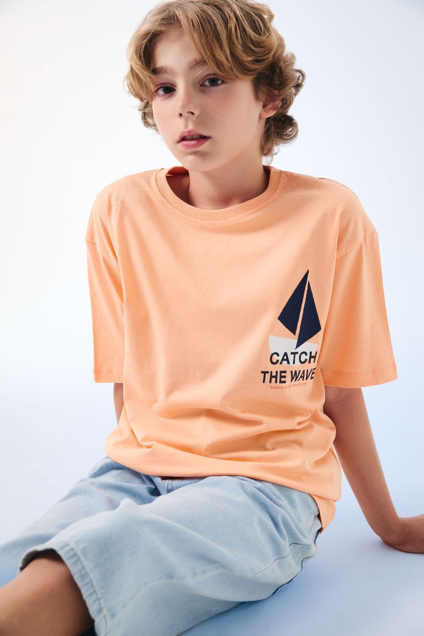 Boys & Teens Salmon Boy Oversize Fit Crew Neck Embroidered T-Shirt