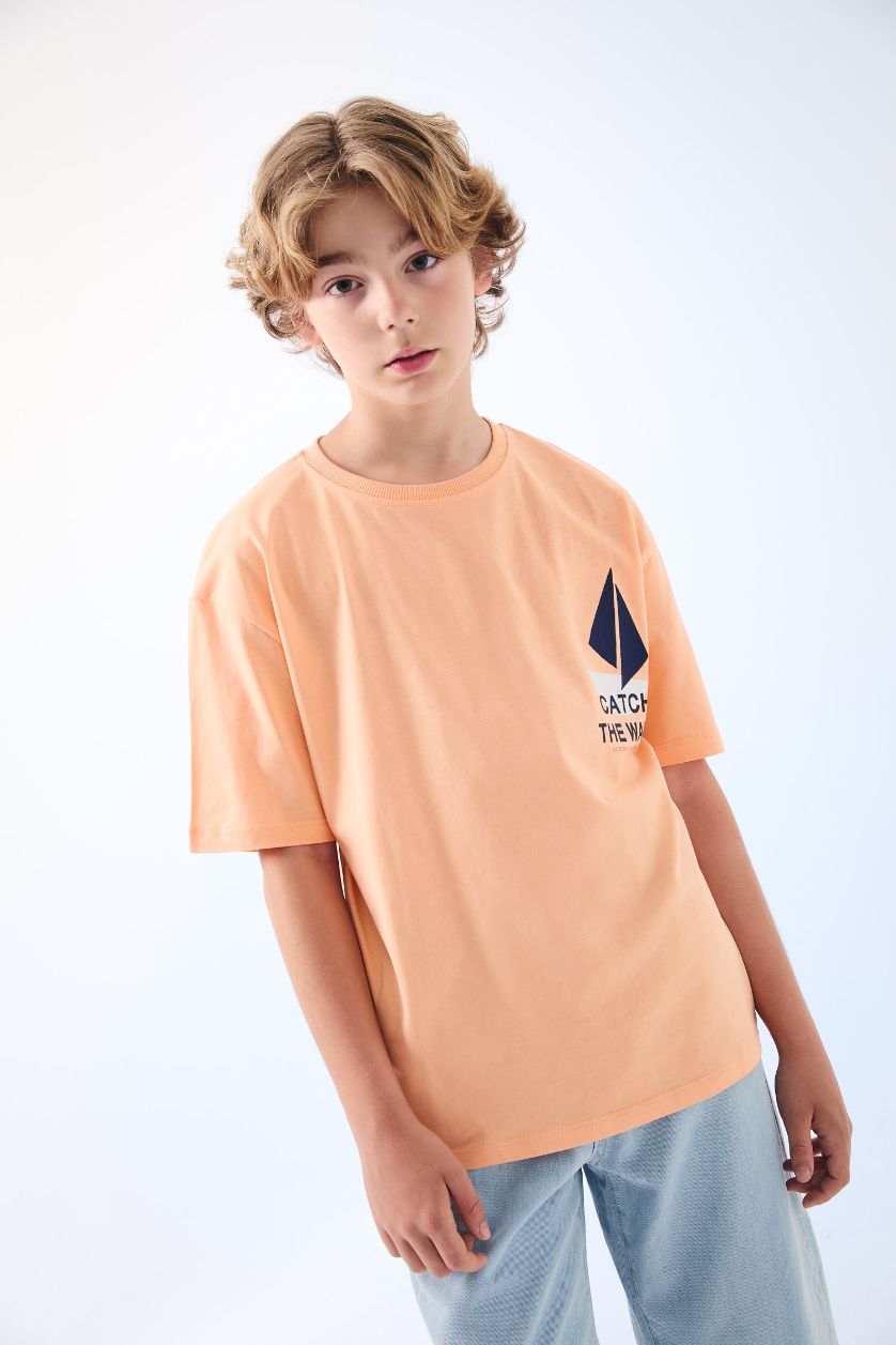 Boys & Teens Salmon Boy Oversize Fit Crew Neck Embroidered T-Shirt