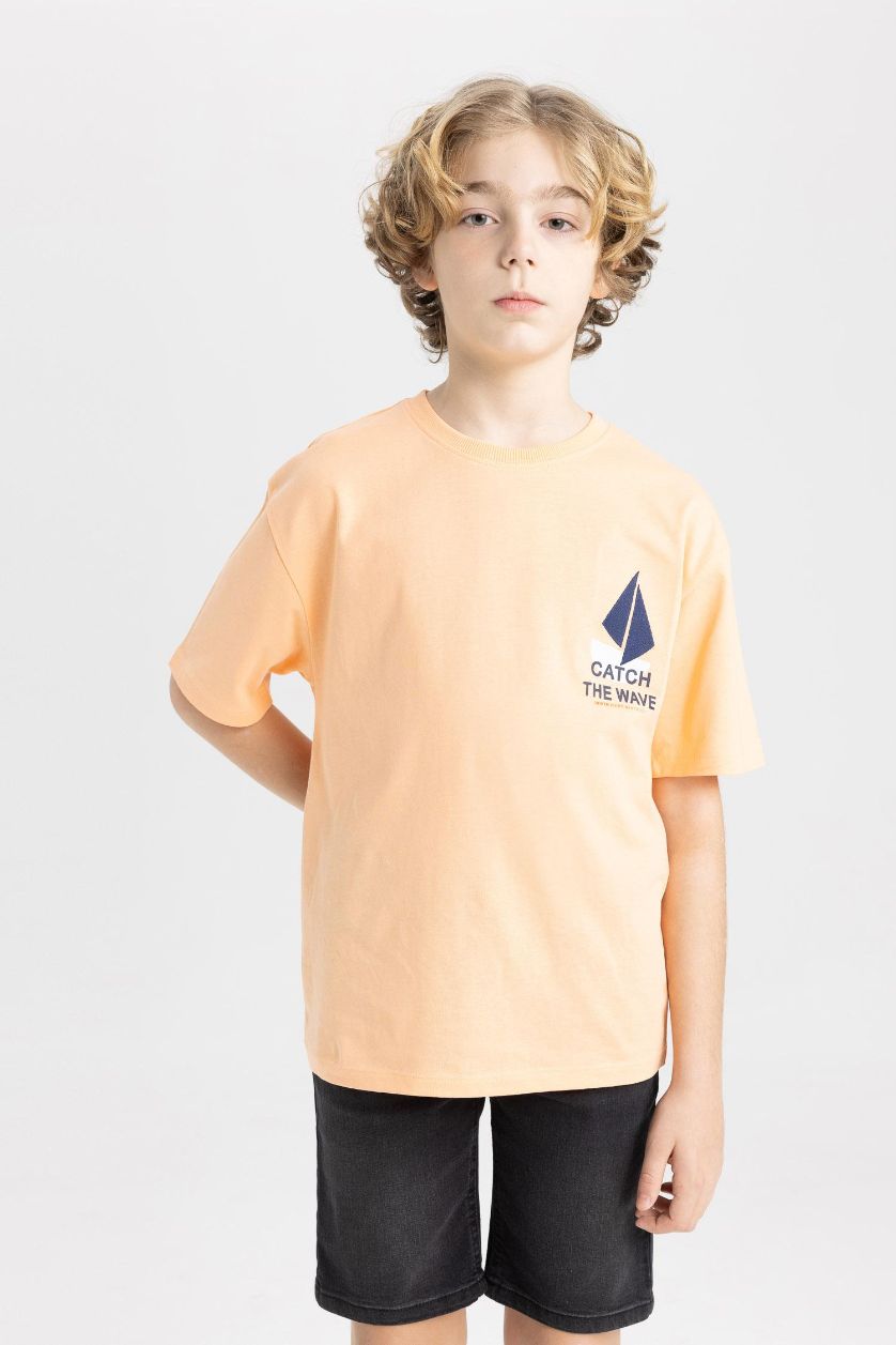 Boys & Teens Salmon Boy Oversize Fit Crew Neck Embroidered T-Shirt