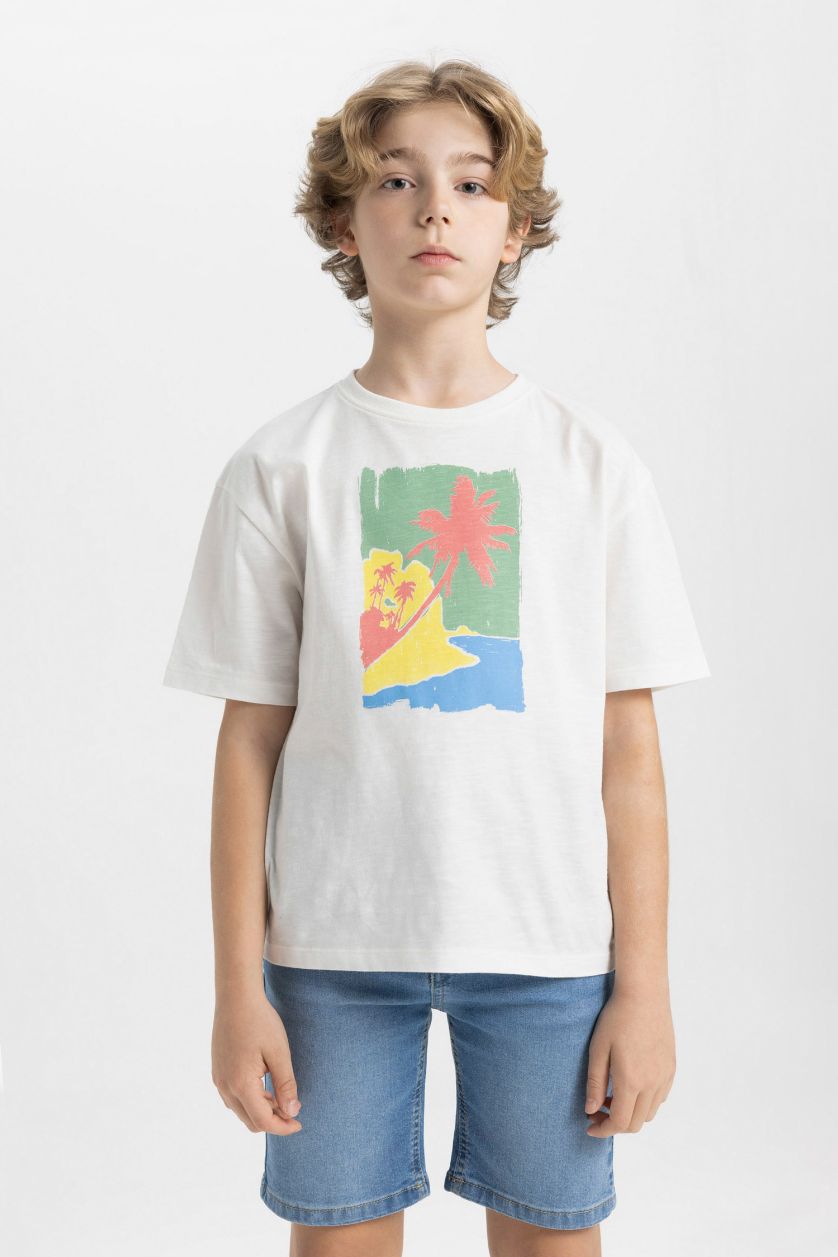 Boys & Teens Ecru Boy Oversize Fit Crew Neck Printed T-Shirt