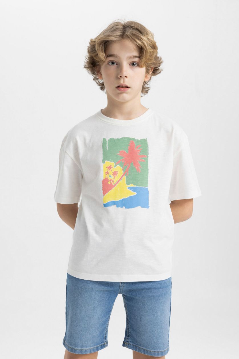 Boys & Teens Ecru Boy Oversize Fit Crew Neck Printed T-Shirt