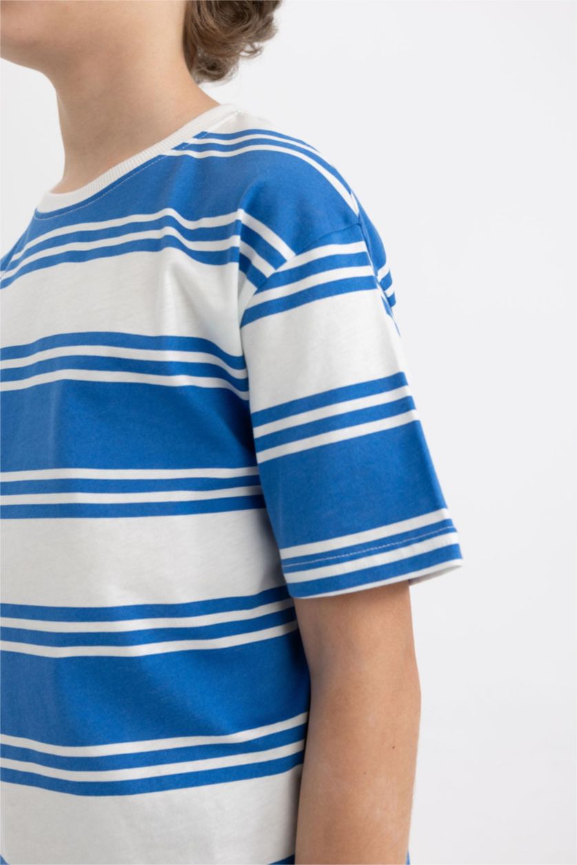 Boys & Teens Light Royal Boy Oversize Fit Crew Neck Striped Short Sleeve T-Shirt