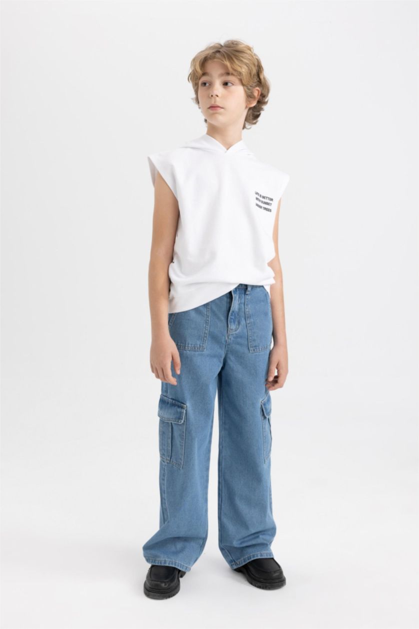 Erkek Çocuk - Genç Erkek Beyaz Baskılı Kapüşonlu Atlet Erkek Çocuk