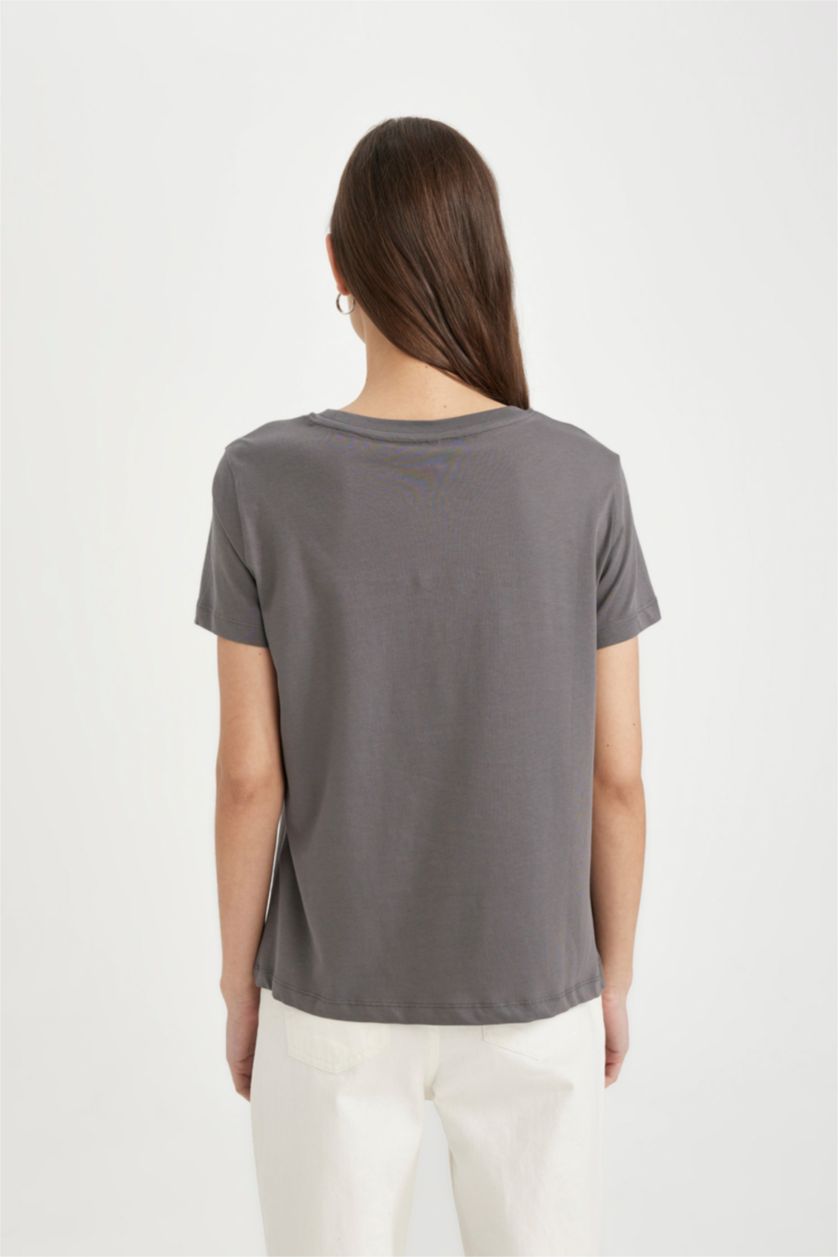 نساء رمادي تي شيرت نص كم برسمة بومة وقصة عادية