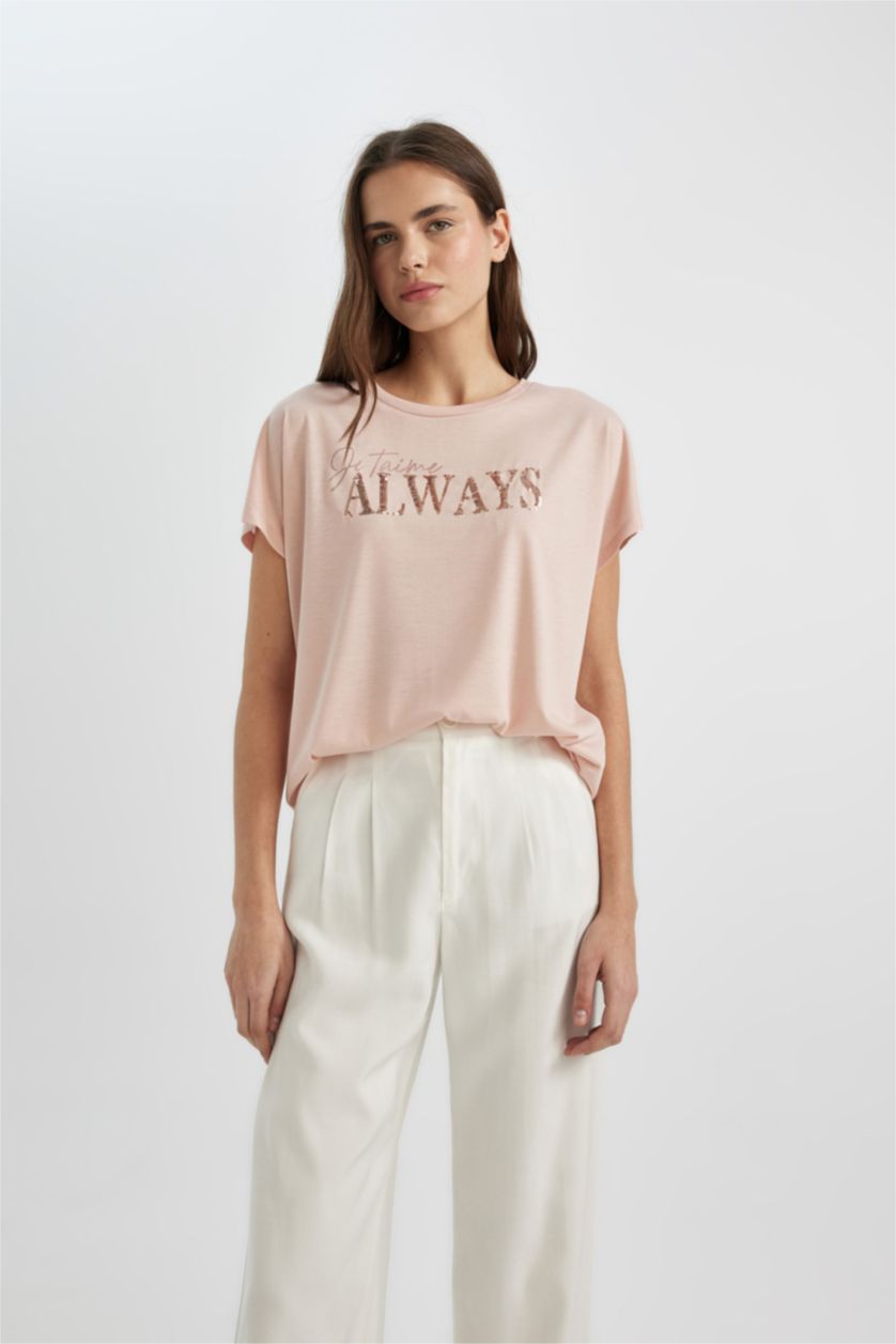 Женщины Розовый Футболка с коротким рукавом с круглым вырезом с принтом-слоганом для женщин