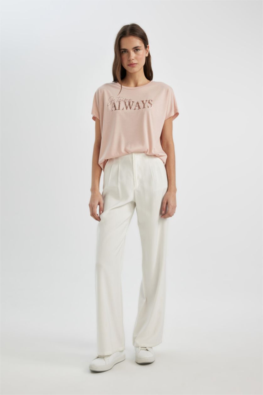 Женщины Розовый Футболка с коротким рукавом с круглым вырезом с принтом-слоганом для женщин